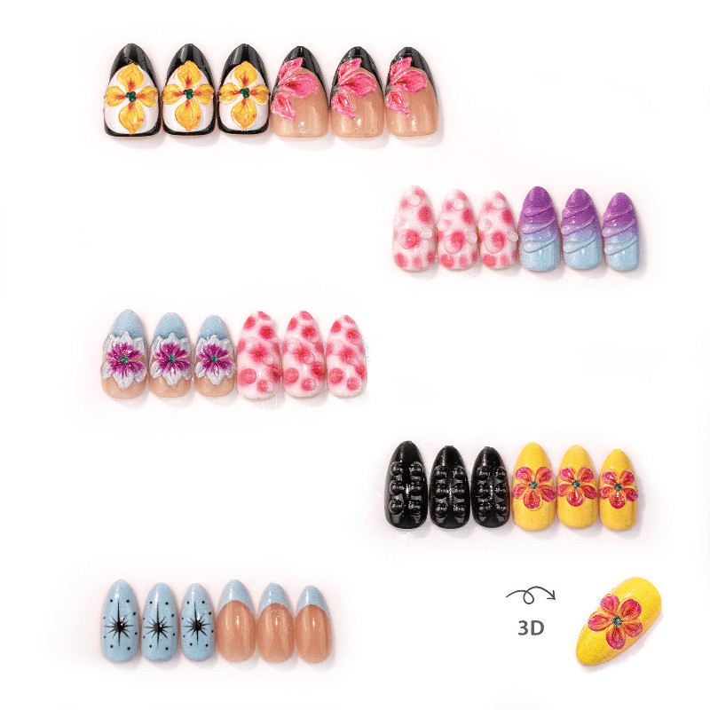 60 Pcs Gradient Color Floral Oval Press on Nails, Trendy Art Summer Fake Nails