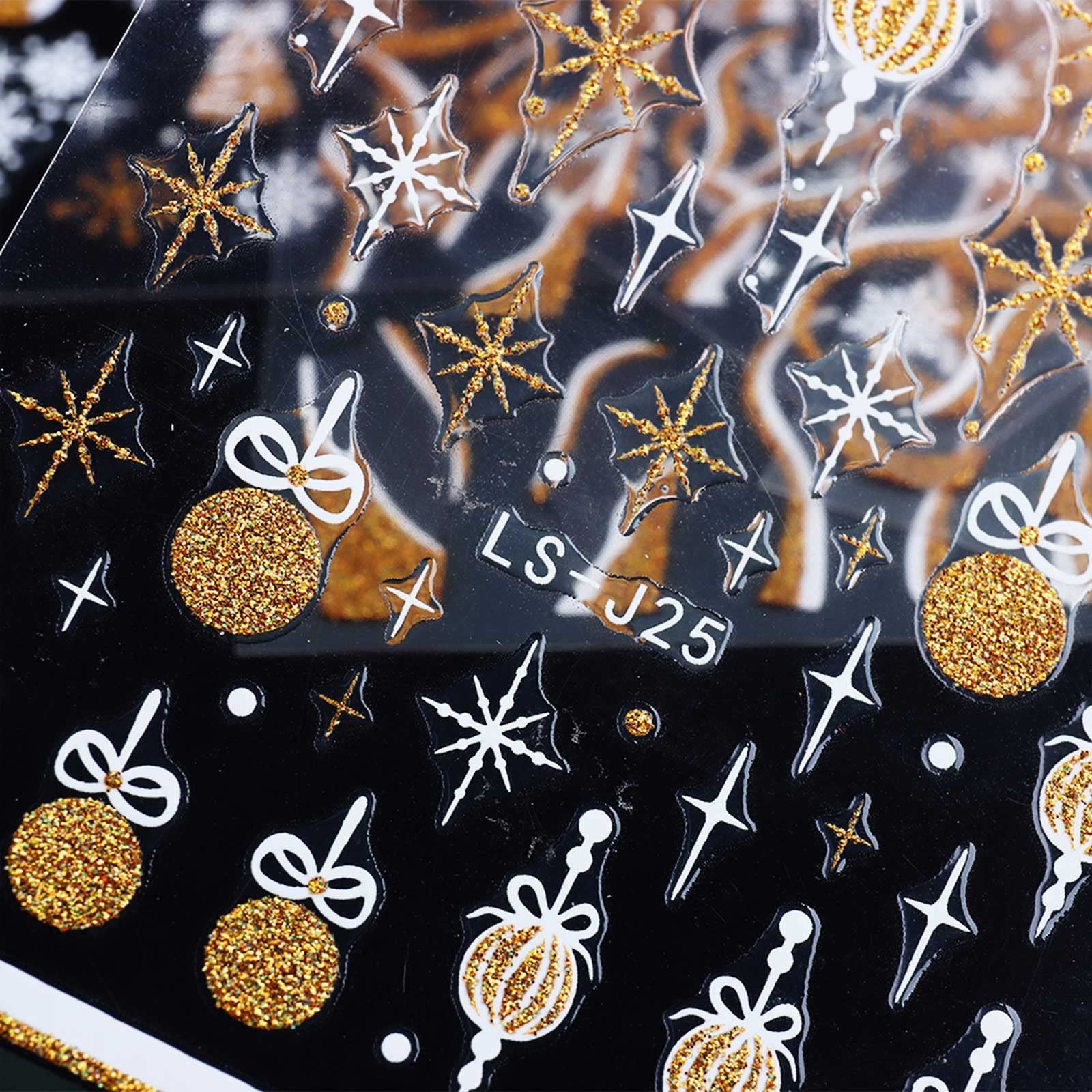 8 Sheets Glitter Christmas Nail Art Stickers Decals Gold & White