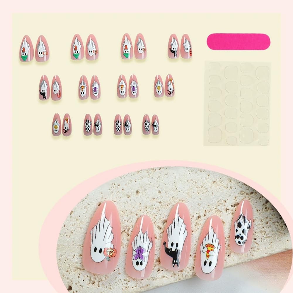 Halloween Press on Nails Almond Fake Nails Medium False Nails with Ghost Desi…