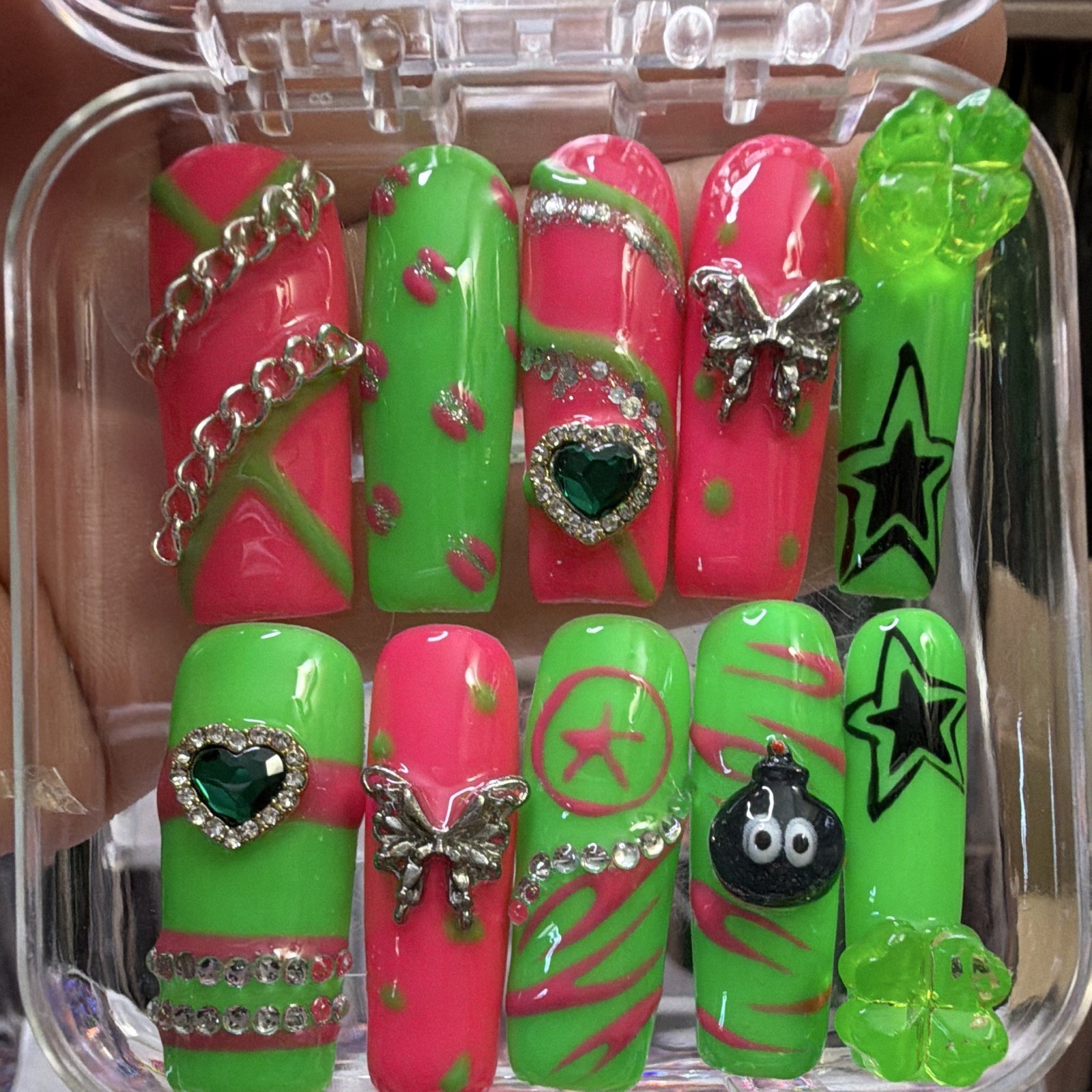 3D Star Coffin Press-On Nails Long Full Cover Green Pink Glitter Pre-Designed
