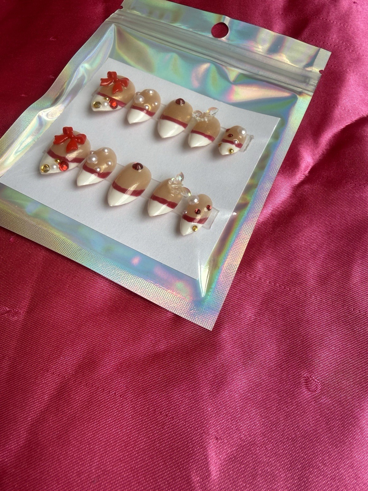 Short Almond Full Cover Pre-Designed 3D Press-On Nails Nude White Red Bow