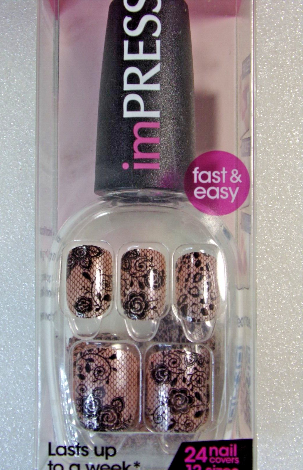 IMPRESS NAILS Pink with Rose Print Lace PRESS ON SHORT