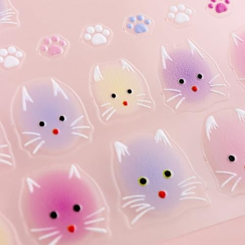 2 Sheets Cute Cat Nail Art Stickers, 5D Embossed Self-Adhesive Colorful W1