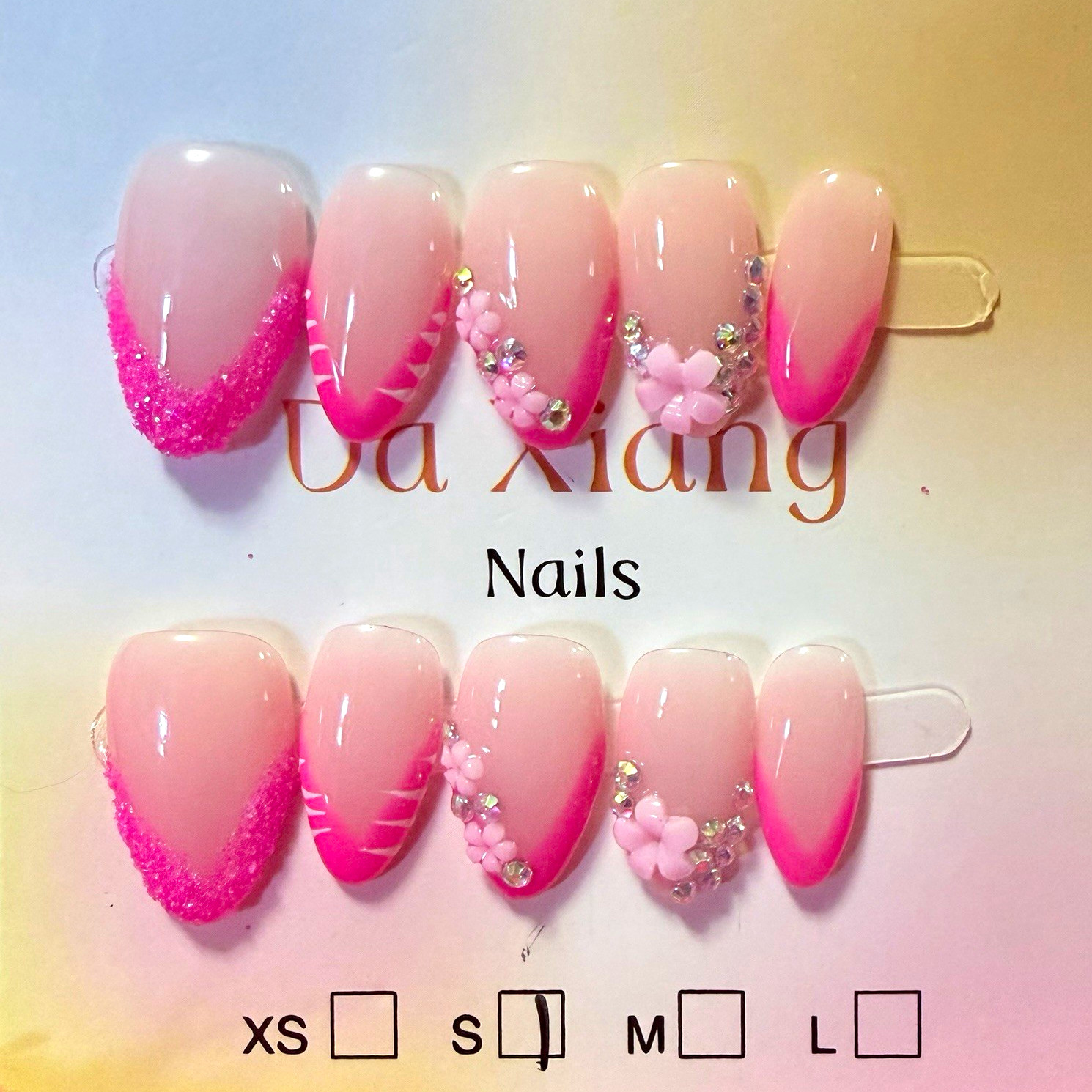 Da Xiang Pink/White 3D Floral Press-On Nails Set, Shiny, Full Cover