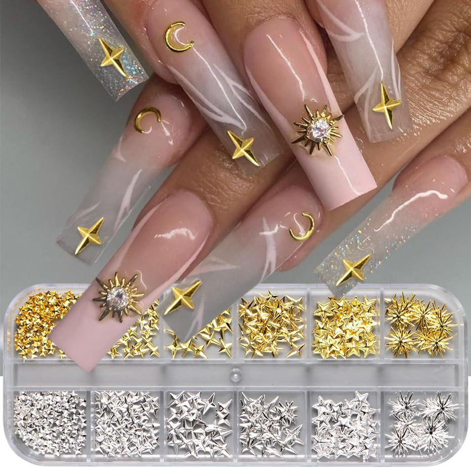 12Grids Star Nail Rhinestones Charms Gold Silver Star Nail Gems Diamonds 3D Allo