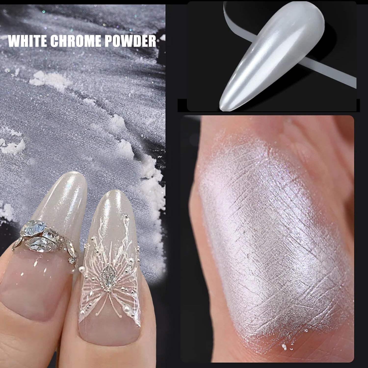 2Pcs White Chrome Nail Powder Moonlight Pearl Powder for Nails, Magic Clear Pear