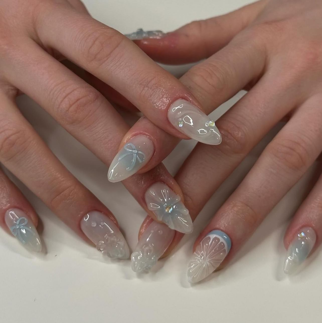Medium Press on Nails Almond Fake Nails with 3D Lemon Design Blue Ombre Full …