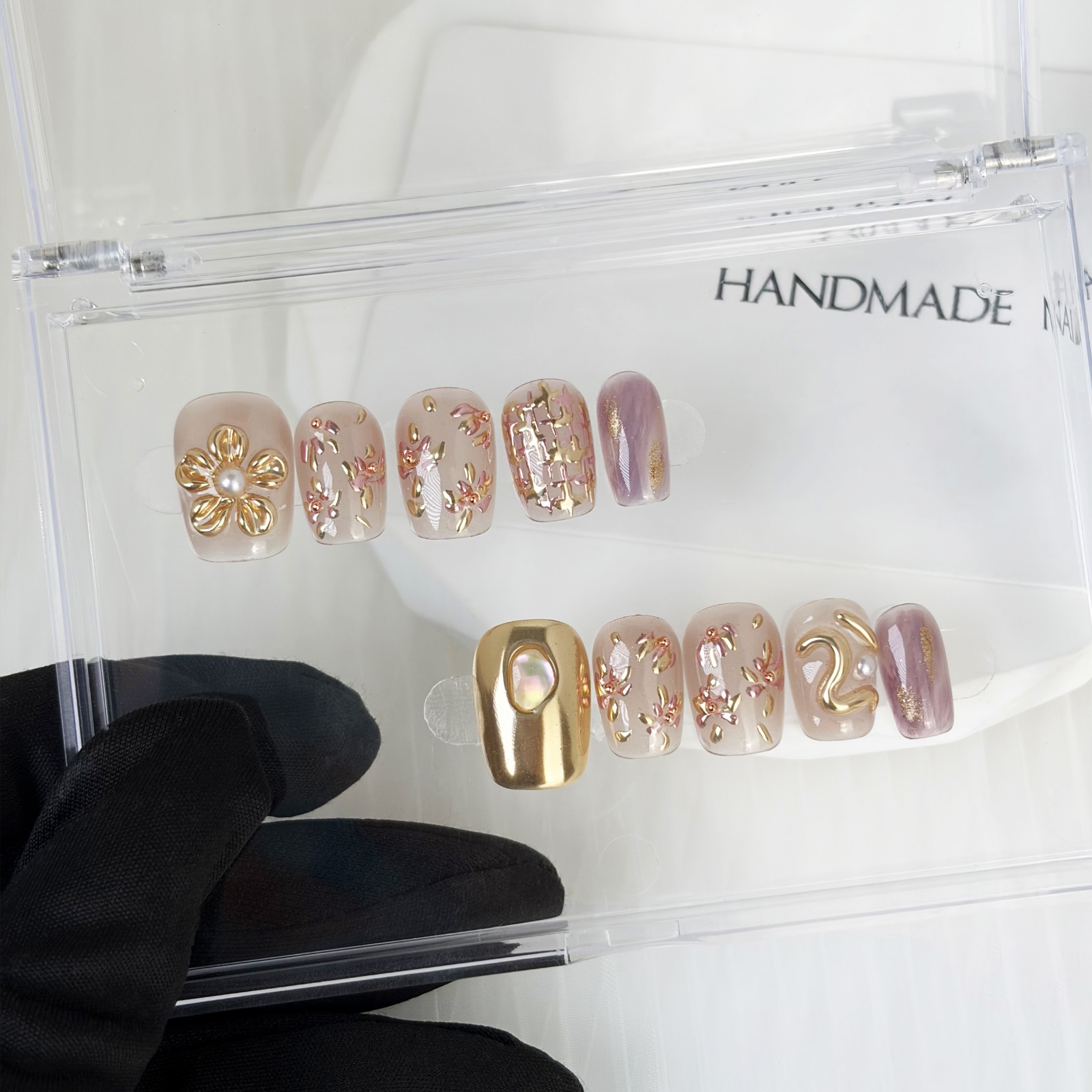 Pink Purple Press On Nails Short Square Gold Flower Pearl Handmade Set gift