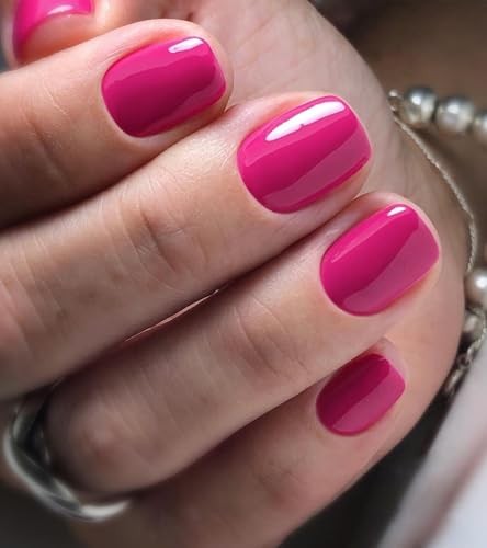 Press on Nails Short Square False Tips Glossy Reusable Fake Stick on Hot Pink