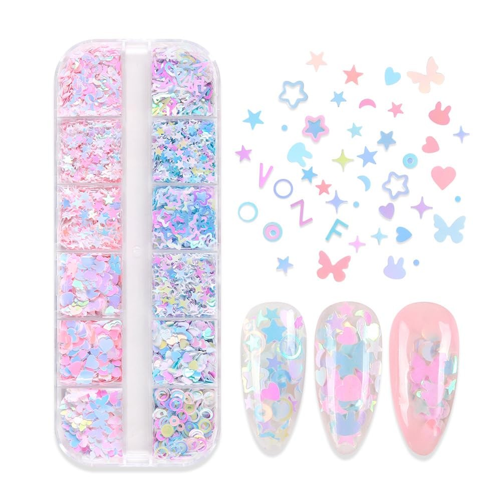 Holographic Nail Art Sequins, Iridescent Candy Colors Nail Confetti, 3D Chunk…