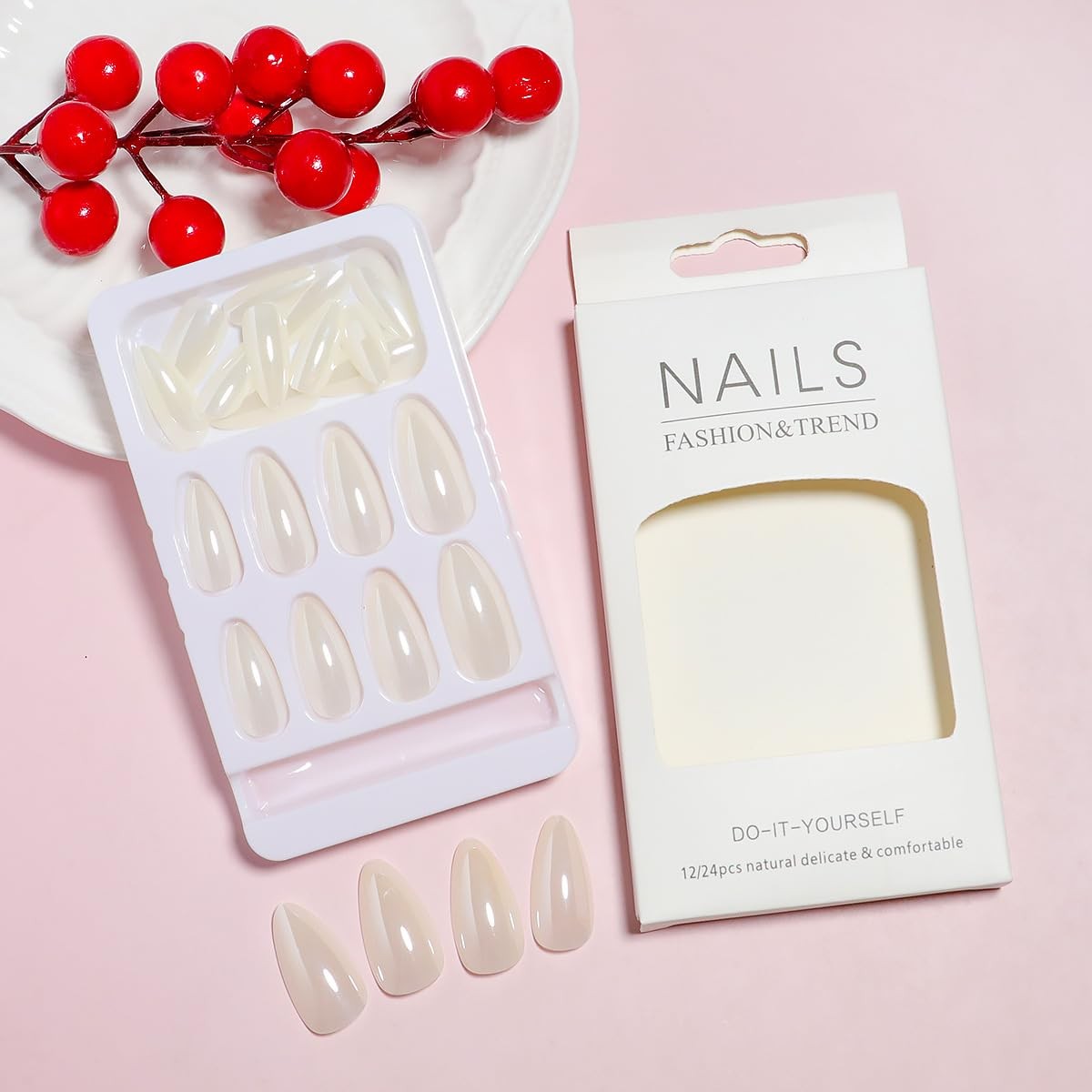 White Chrome Press on Nails Medium Almond Fake Mirror Medium, Style-18