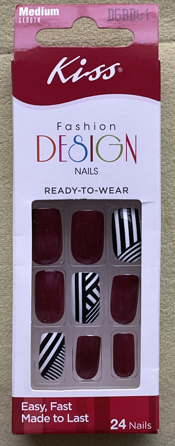 KISS Nails Fashion Design Striped & Maroon Medium Square ‘DAZZLE’ Nails DGBD01