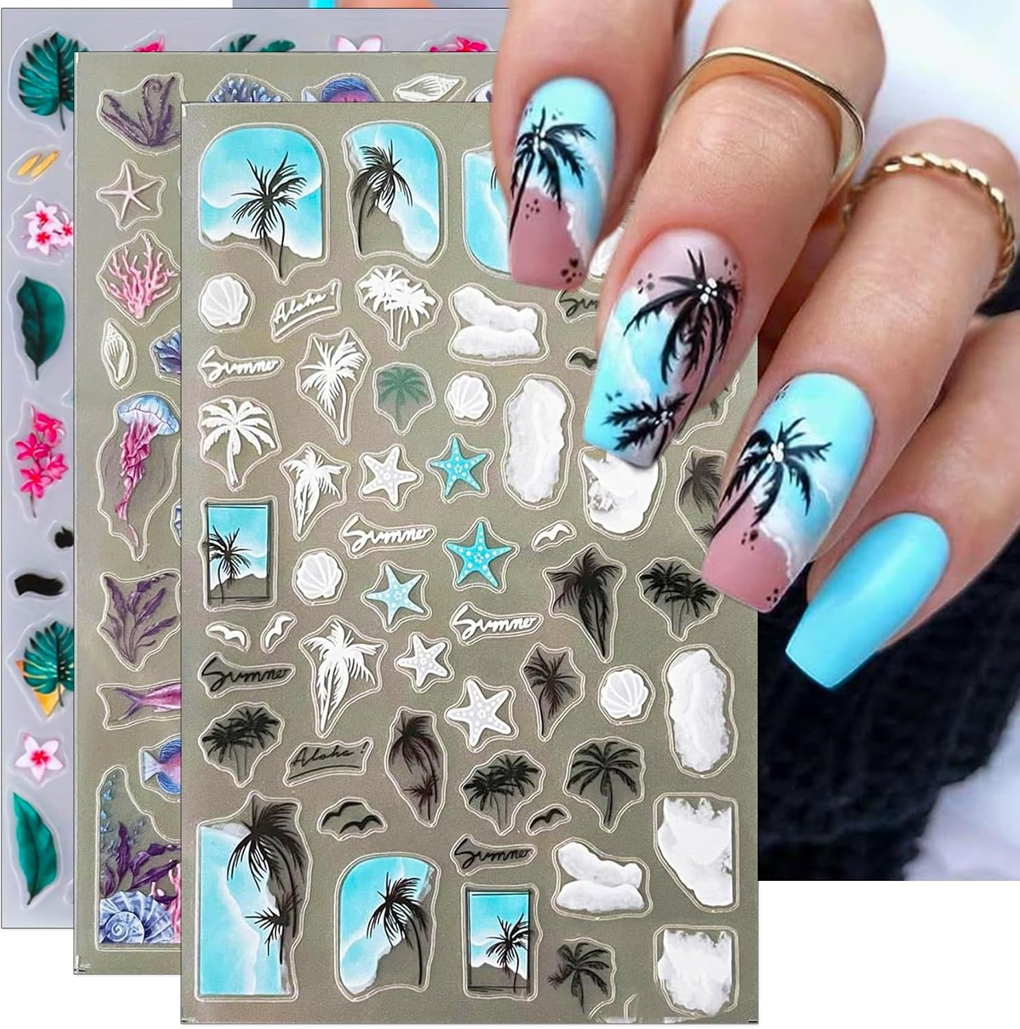 Summer Palm Tree Nail Art Stickers – Colorful Coconut Tree Seagull Self-Adhesive
