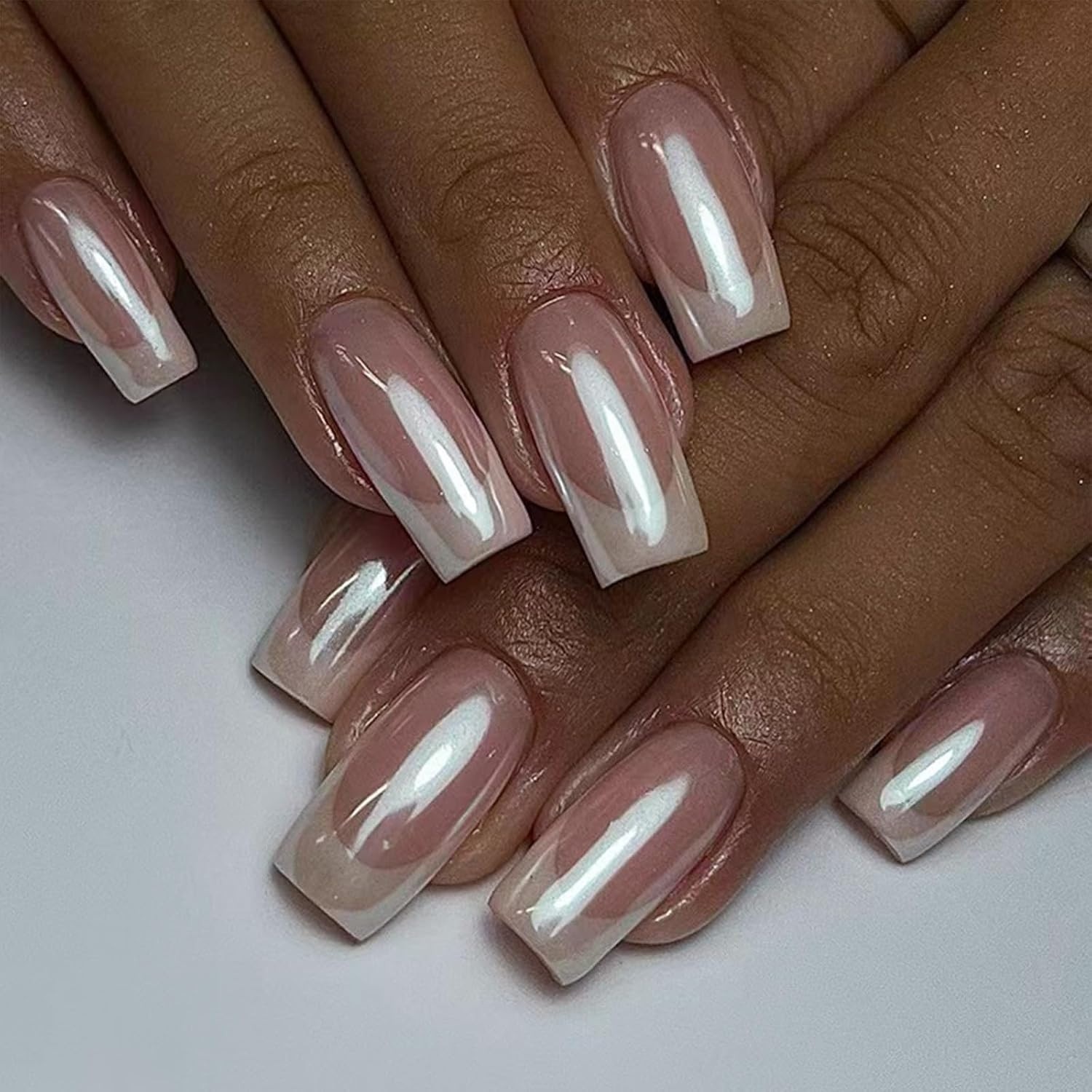 French Tip Press on Nails Square Medium Fake Nails Chrome Mirror Acrylic Nails P