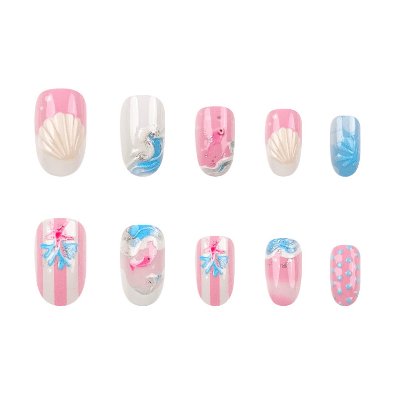 48Pcs-Long Oval Summer Ocean Shell Starfish Fake Press on Nails Art Set