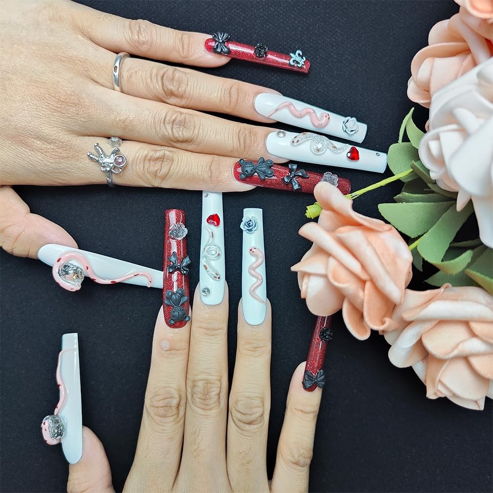Dark Cherry Love Long Handmade Acrylic Press On Nails