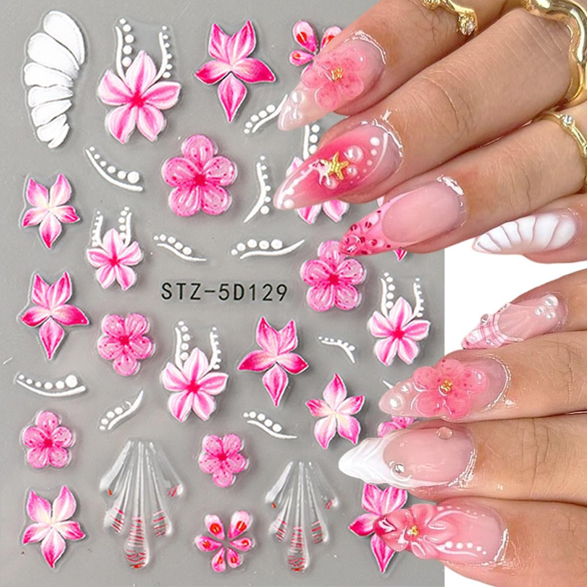 4 Sheets 5D Embossed Gradient Flowers Nail Stickers for Nail Art Design Summer F