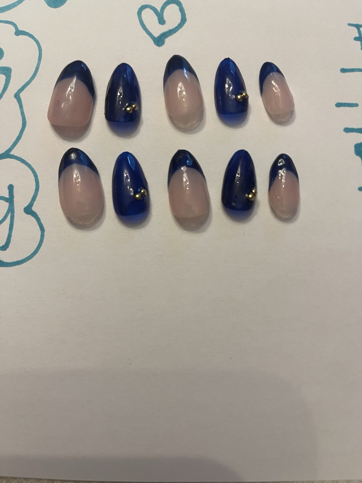 Ocean Almond Press-On Nails Medium Blue/Nude Shiny, Glue Included
