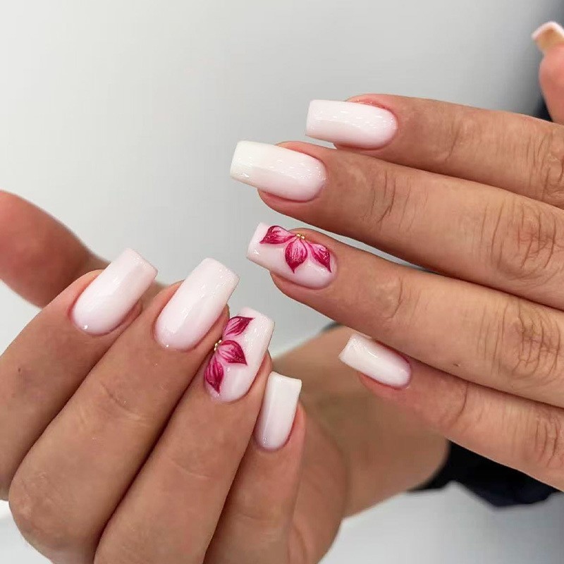 48P-Milky White Pink Floral Press on Nails Square Nail Art Set Reusable Handmade