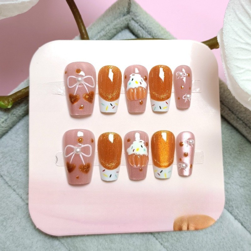 10Pcs-Pink Cupcake French Tip Medium Square Press on Nails with Bow Fake Tips