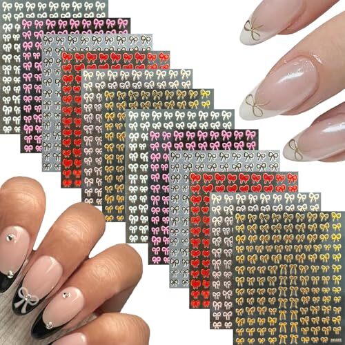 12 Sheets Bow Nail Stickers 3D Self Adhesive Black White Pink Bow Nail Decals