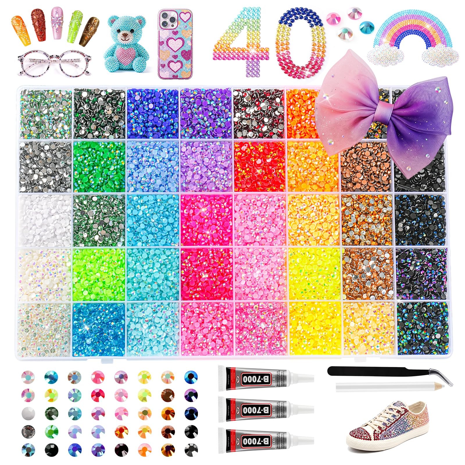 40000pcs 40 Colors Resin Rhinestones Flatback Gems 3mm Craft Gems with Glue Tool