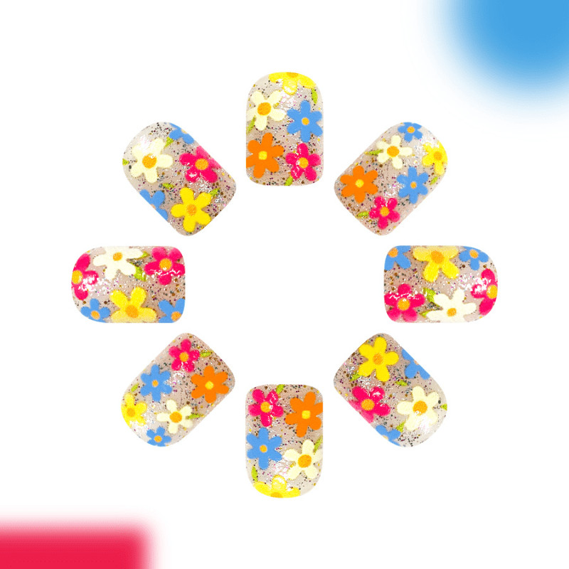 48Pcs-Short Square Silver Glitter Base Colorful Mini Daisy Floral Press on Nails