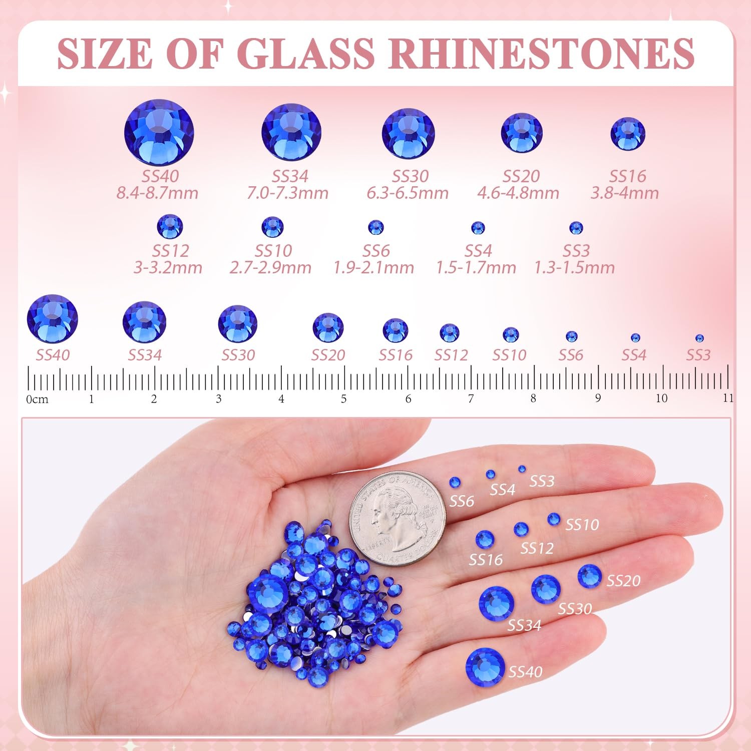 1440pcs Crystal Sapphire Rhinestones FlatBack Glitter Gems for 3D Nail Art Decor