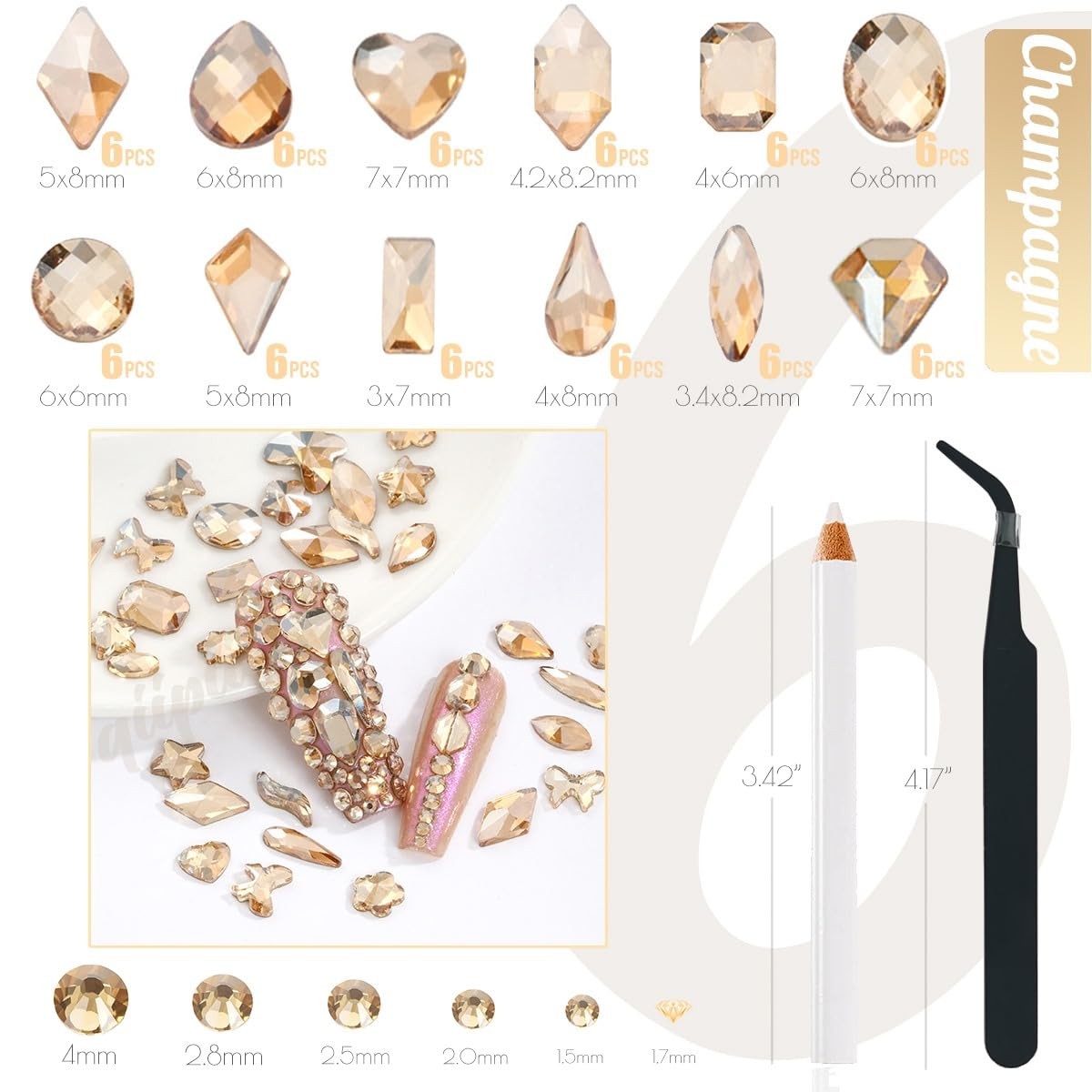 2052Pcs Golden Rhinestones for Nails 72pcs Multi Shapes Crystals