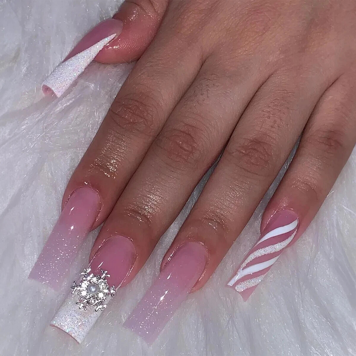 24Pcs Extra Long Square Fake Nail with Glue 3D Little Bear Bow Design False Nail