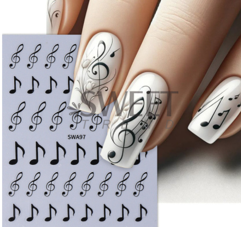 3 Sheets Musical Note Nail Art Stickers Gold Silver Black Piano Notes SWA97 NH28