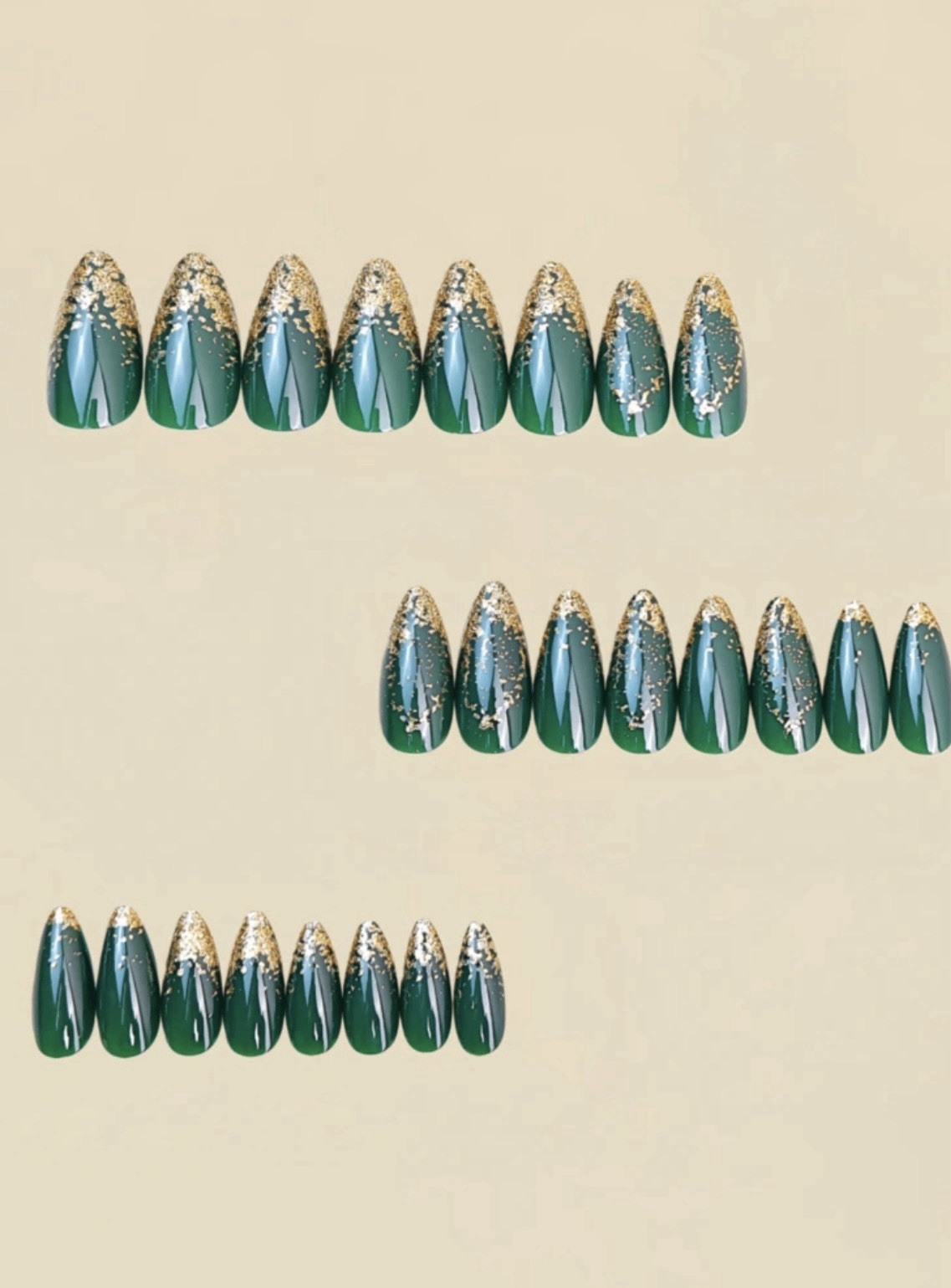 Reusable Self-Adhesive Press-On Nails Long Almond Green/Gold Glitter