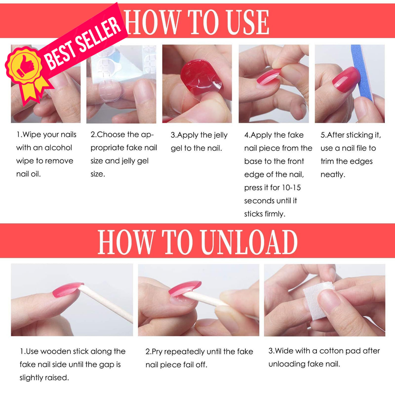 Jremg Pink Press On Nails – Long Square Coffin Fake Nails, Multicolor