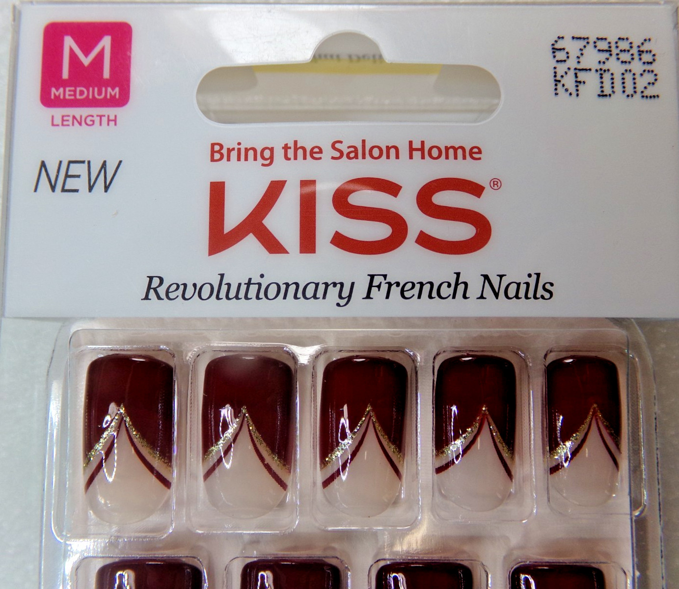 KISS Revolutionary French Nails Burgundy RED GLUE ON Medium -Square KFD02