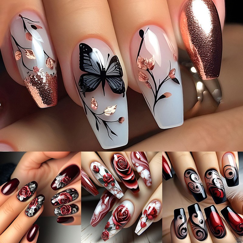 96PCS Rose Butterfly Press on Nails Red Black Elegant False Nail Tips 4 PACK
