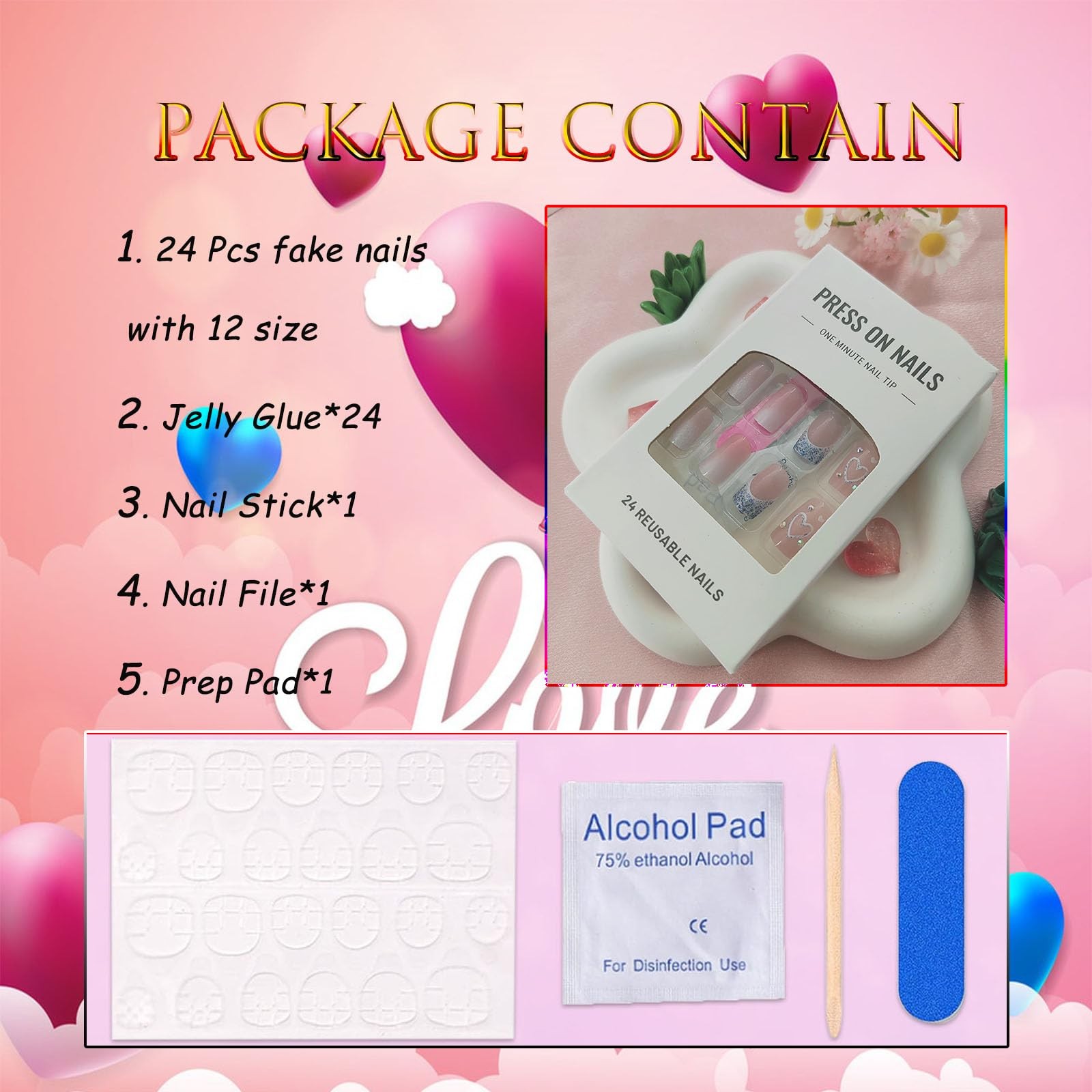 Square Press on Nails Medium Length Glitter French Tip Press on Nails Heart D…
