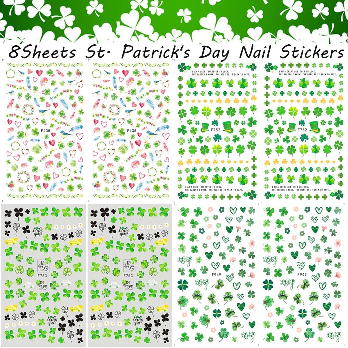 8Pcs St. Patrick’s Day Nail Art Stickers,Green Shamrock 3D Design 18