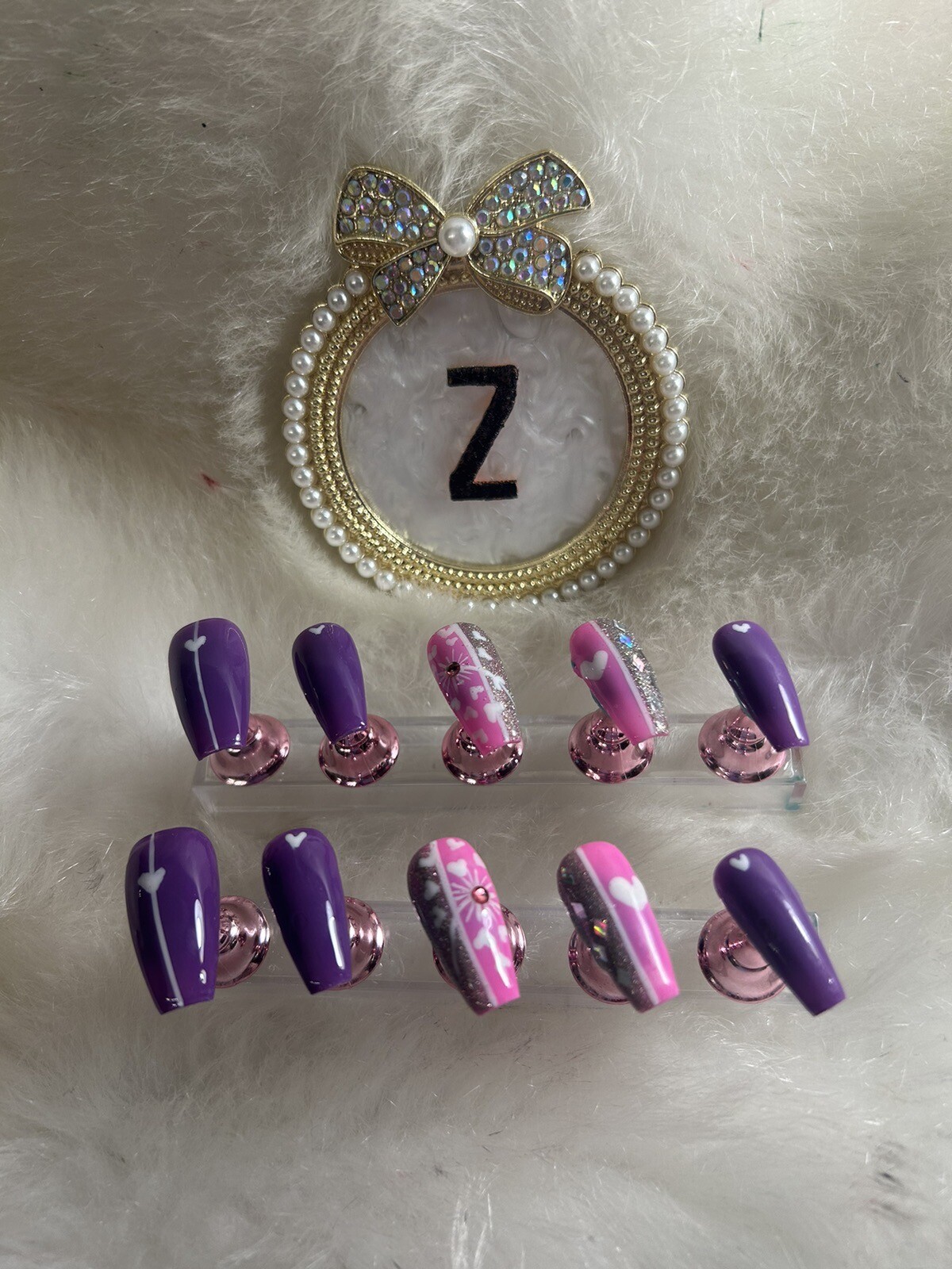 Z NAILZ! Handmade M Coffin Set Of Pink/purple/silver W/ White Hearts Press Ons