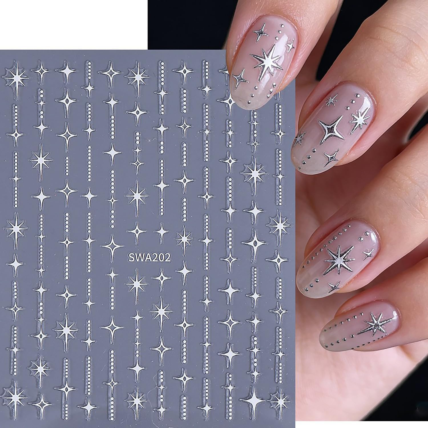 6 Sheets Stars Nail Art Stickers 3D Self -Adhesive Gold Silver White Black Laser