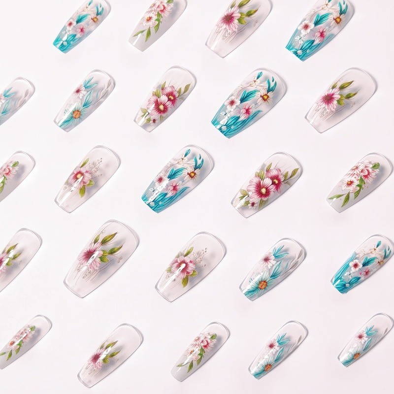 48PCS Ballet Nude Transparent Pink Blue Flower Reusable Fake Nails
