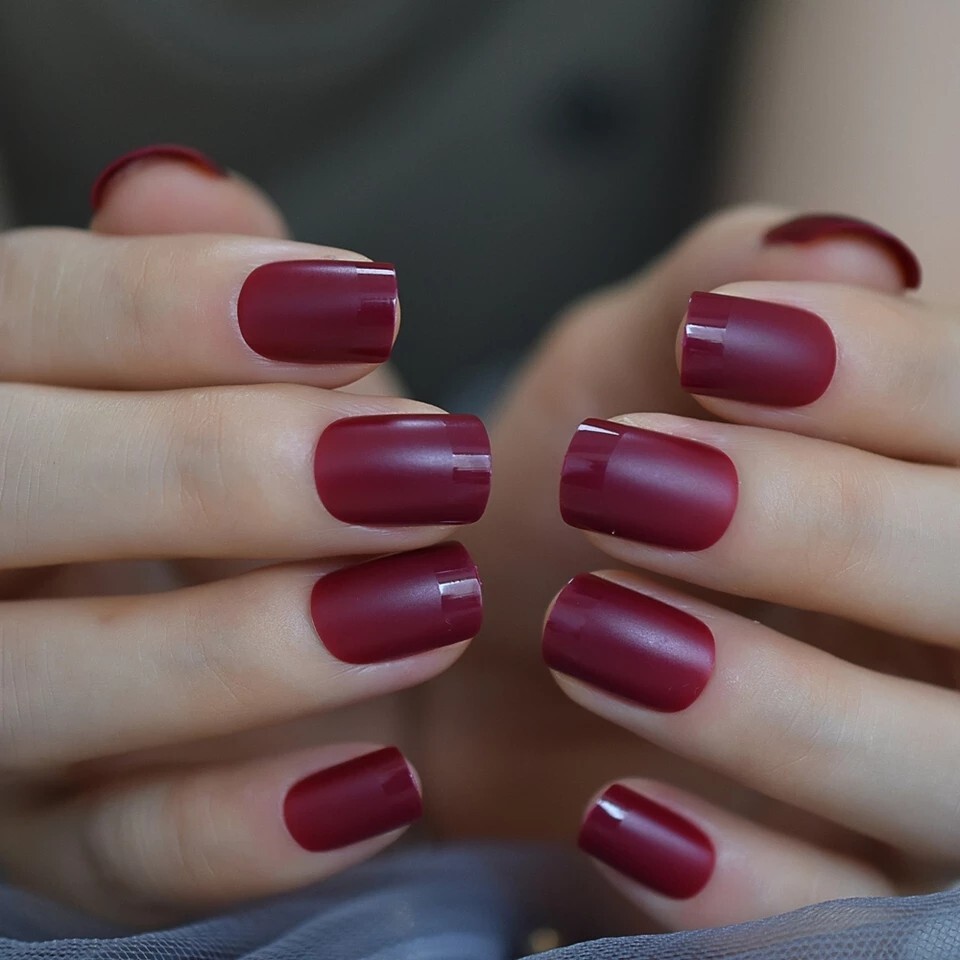 24 Short Burgundy Maroon Press On Nails kit glue on dark wine red purple berry