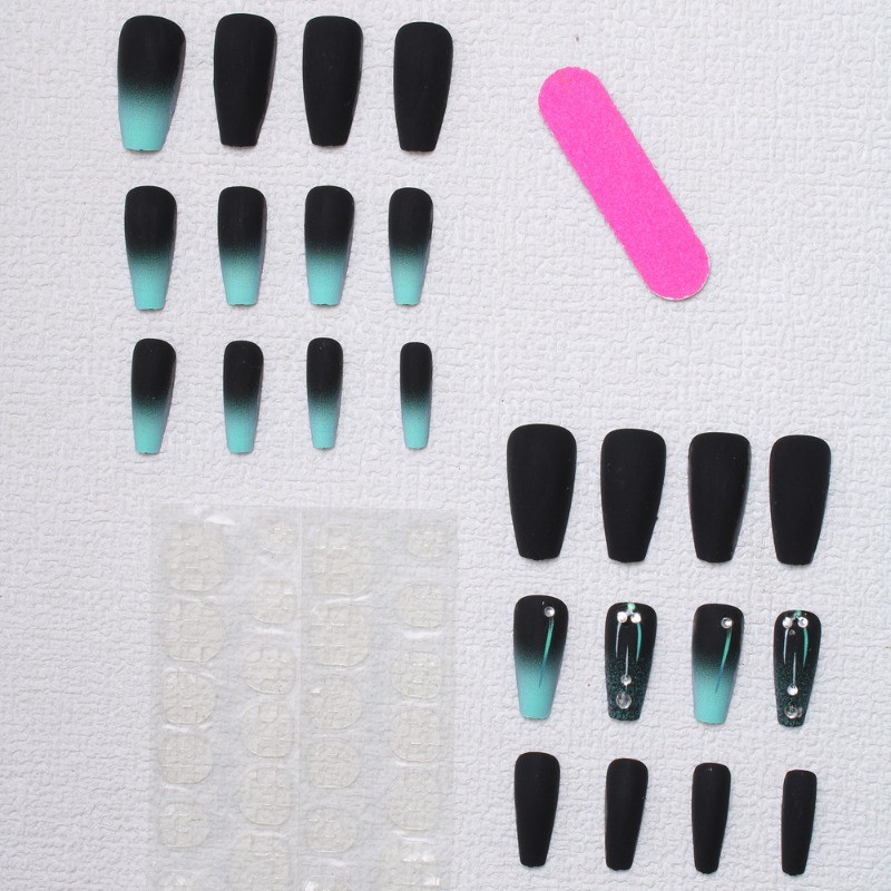 48pcs-Black & Mint Green Press on Nails, Coffin Ombre with Rhinestone Details