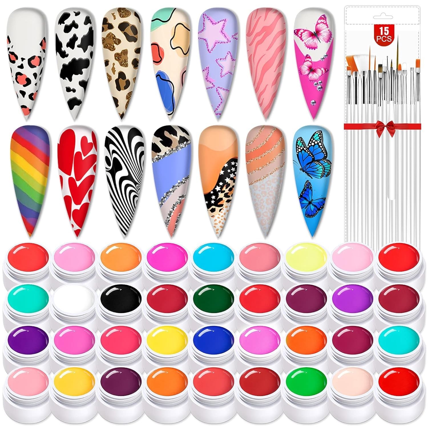 Gel Nail Paint Kit with 36 Colors and 15 Nail Brushes for DIY Nail Art and