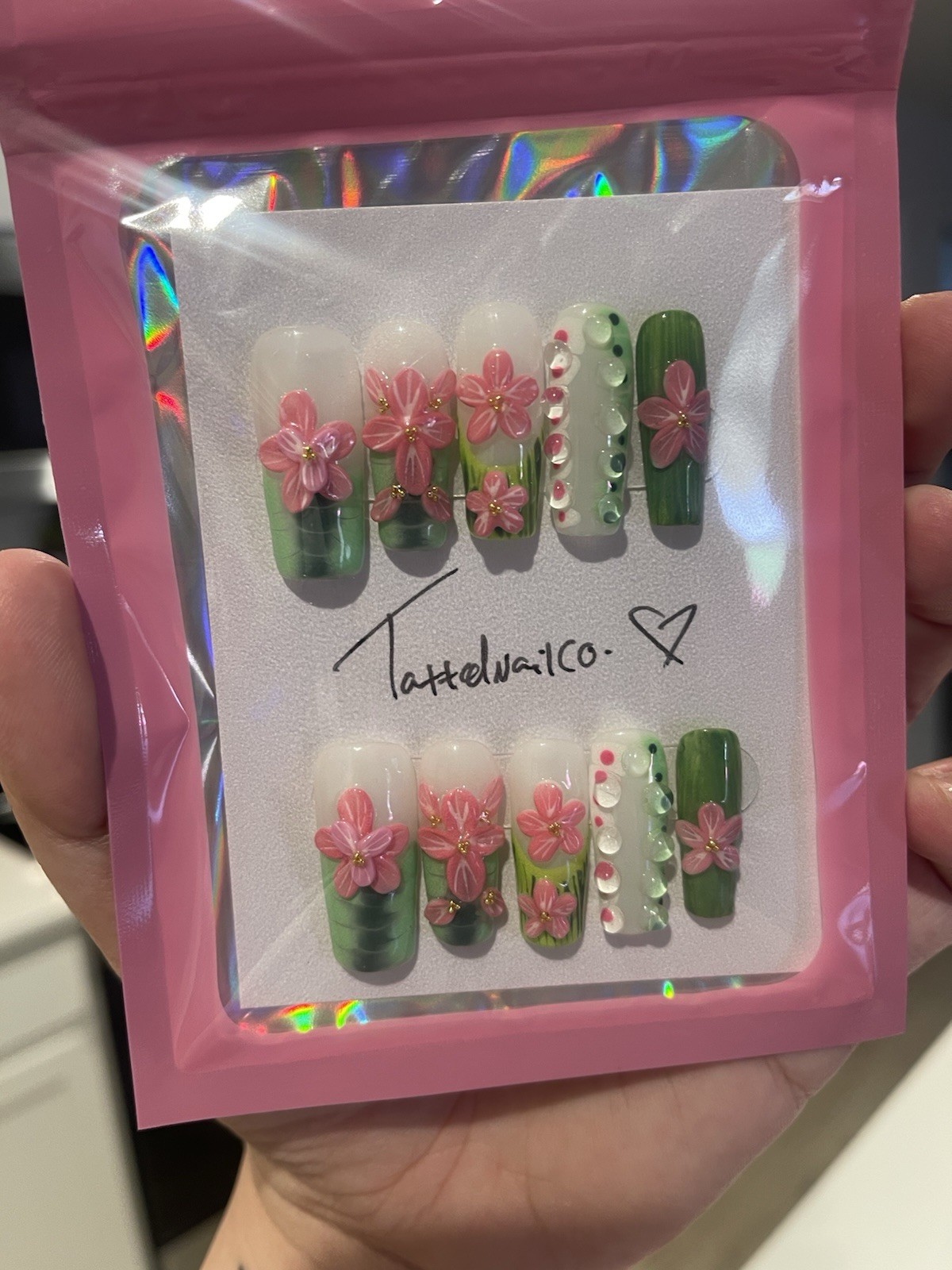 Press-On Nails Medium Square Green/Pink/White 3D Floral Full Cover Acrylic