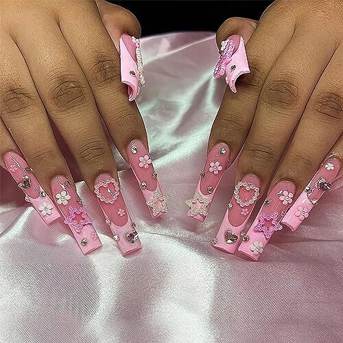 Square Press on Nails Long Fake Nails Pink French Tip Glue on Nails Fne408pink