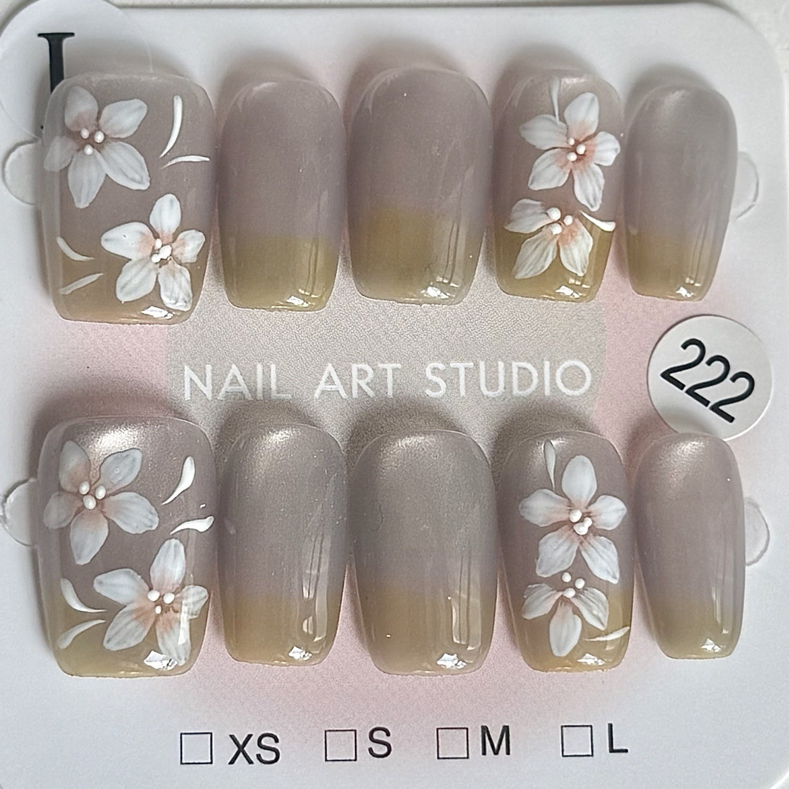 Hand Painted Flower Press-On Nails Medium Square Size L Reusable Fake Nail
