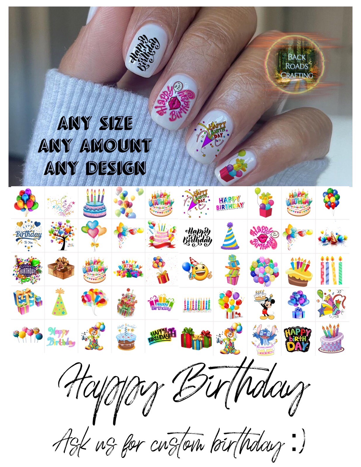 Happy Birthday Waterslide Nail Art Decals Set Of 50 Instructions & Bonus