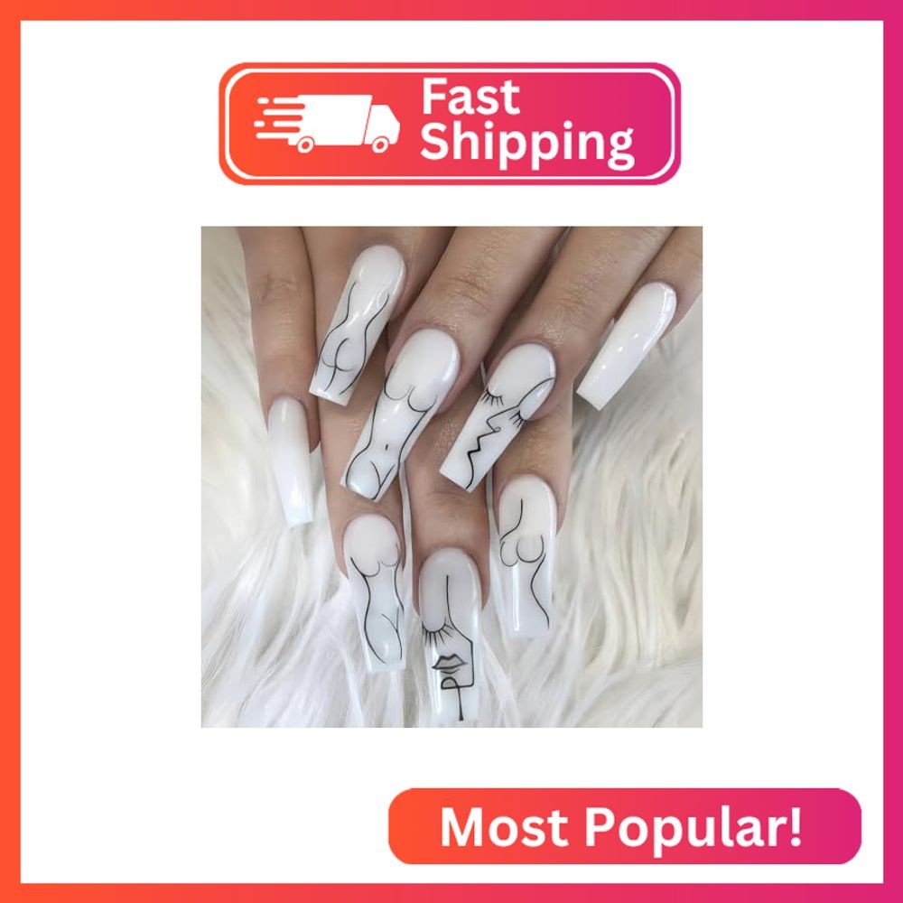 RIICFDD 24 Pcs White Press on Nails Long Coffin False Nails Human Body Art Strip
