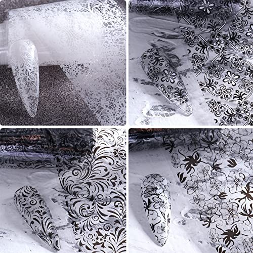 10 Rolls Lace Nail Art Foil Transfer Black White Flower Foil Transfers Decals