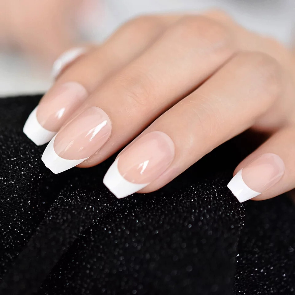 24 New Press on Nails Kit w glue french mani nude white tip coffin medium short